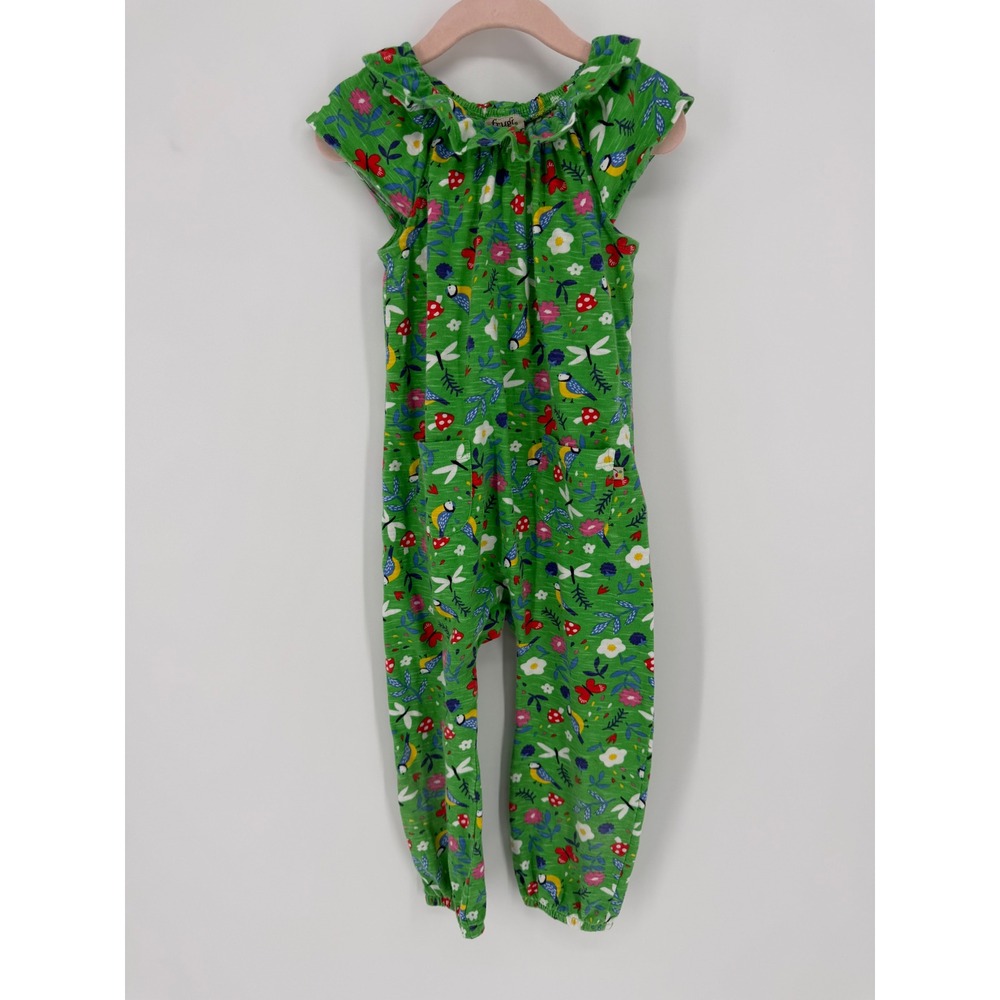 Frugi Kids 3-4 Years Green Organic Cotton Floral Bird Print Ruffle Jumpsuit